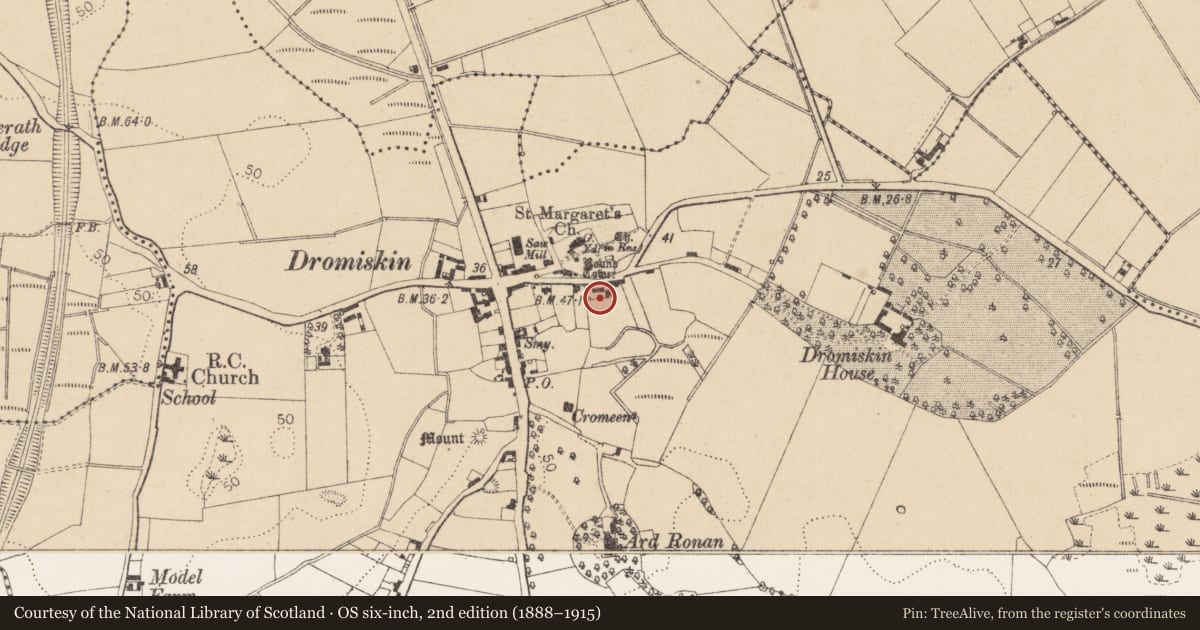 Ordnance Survey six-inch map, 2nd edition (1888–1915) covering the location of Font, Dromiskin, County Louth, with a pin at the register's coordinates