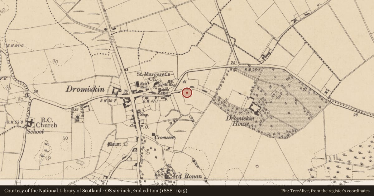 Ordnance Survey six-inch map, 2nd edition (1888–1915) covering the location of Slab-lined burial, Dromiskin, County Louth, with a pin at the register's coordinates