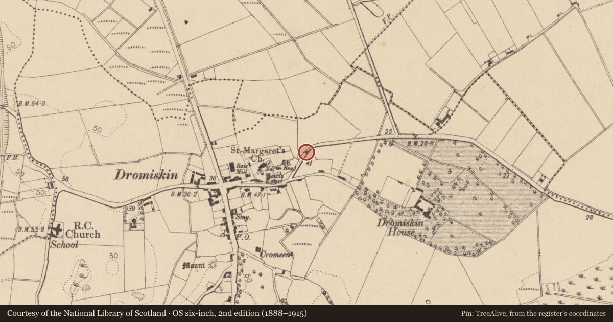 Ordnance Survey six-inch map, 2nd edition (1888–1915) covering the location of Souterrain, Dromiskin, County Louth, with a pin at the register's coordinates