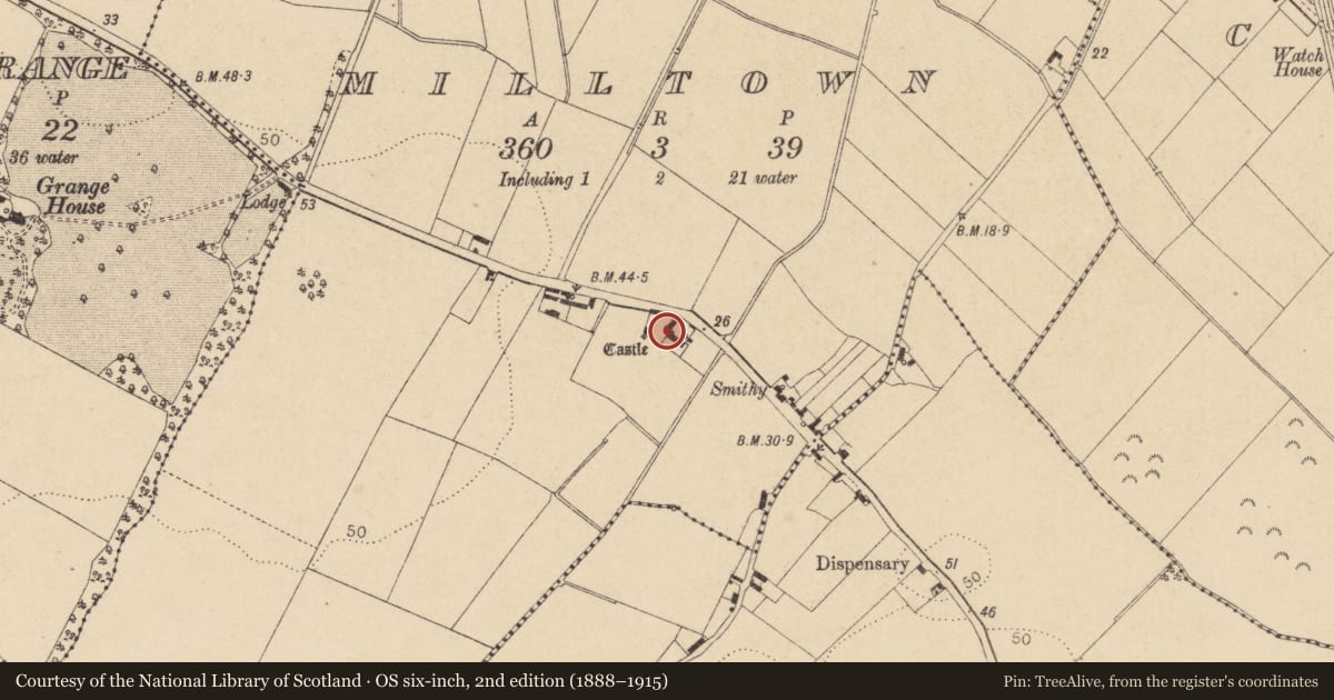Ordnance Survey six-inch map, 2nd edition (1888–1915) covering the location of Castle - tower house, Milltown, County Louth, with a pin at the register's coordinates