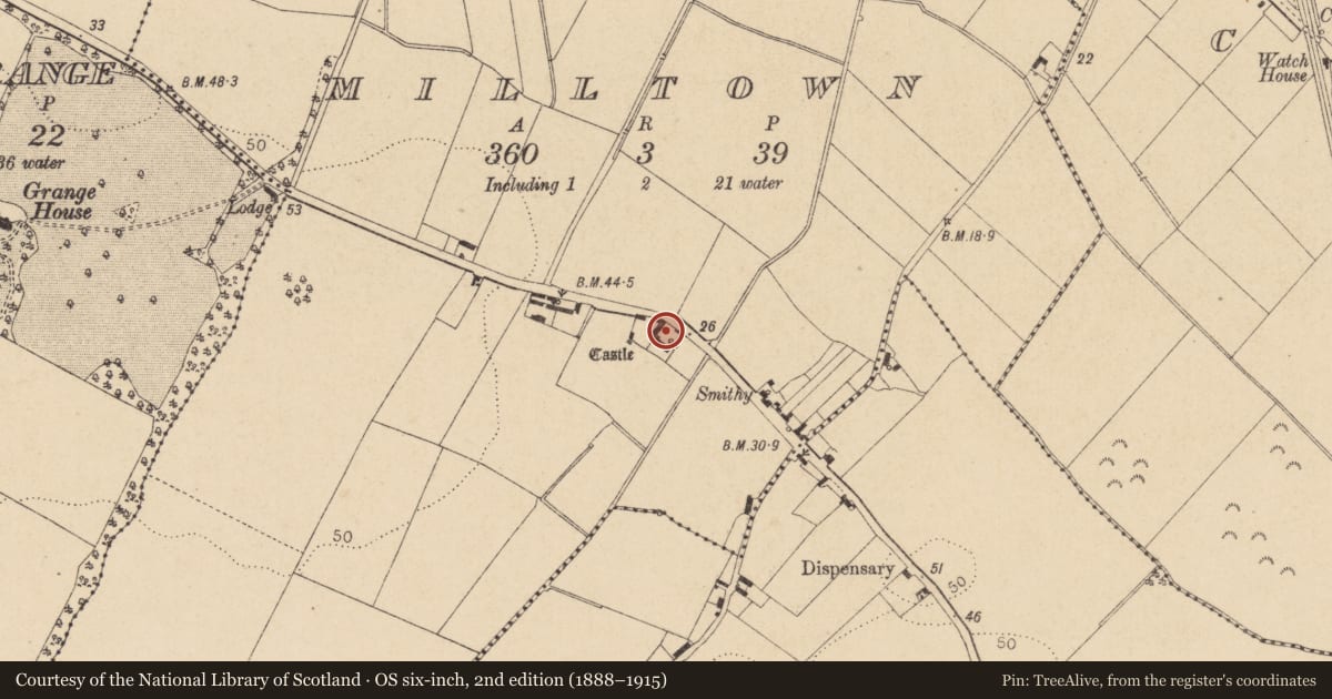 Ordnance Survey six-inch map, 2nd edition (1888–1915) covering the location of Bawn, Milltown, County Louth, with a pin at the register's coordinates