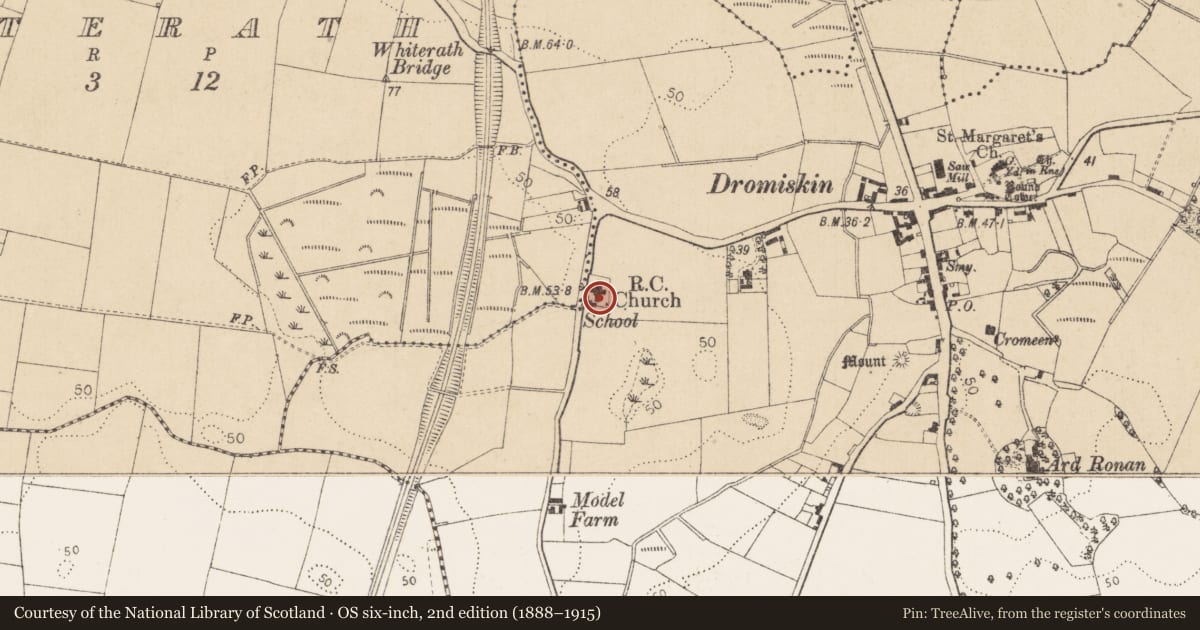 Ordnance Survey six-inch map, 2nd edition (1888–1915) covering the location of Font, Dromiskin, County Louth, with a pin at the register's coordinates