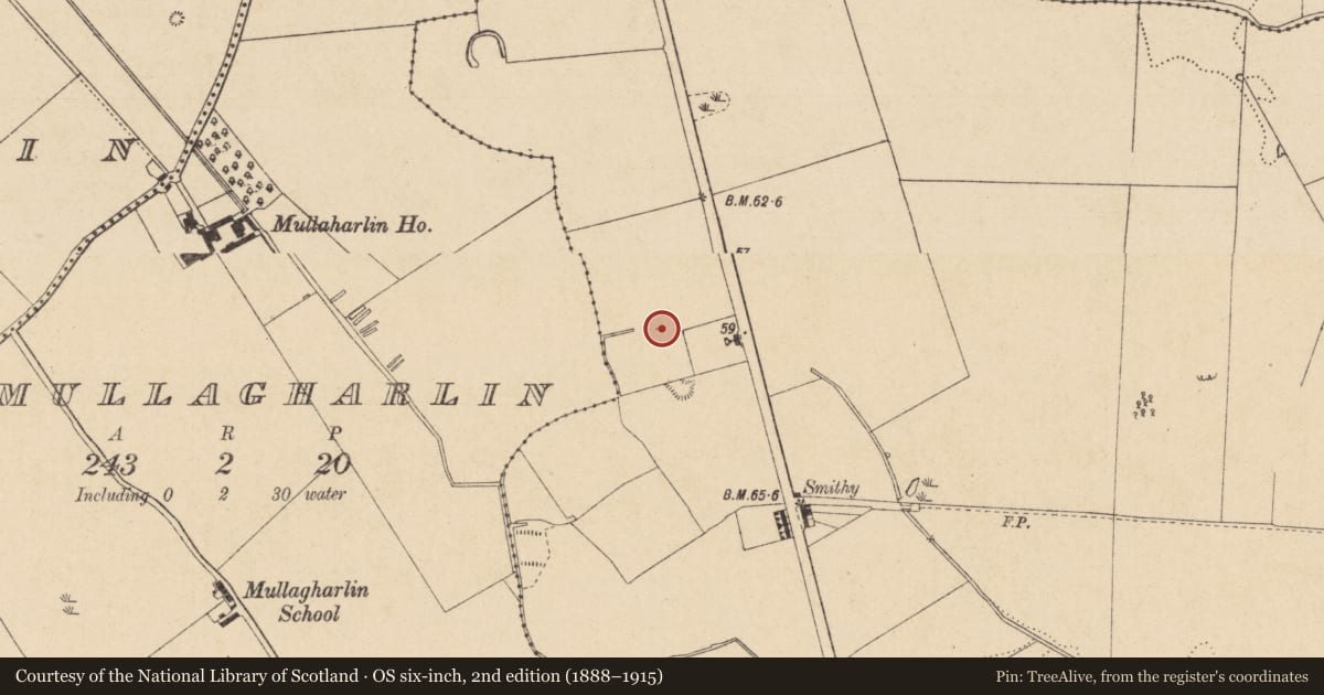 Ordnance Survey six-inch map, 2nd edition (1888–1915) covering the location of Fulacht fia, Haggardstown, County Louth, with a pin at the register's coordinates