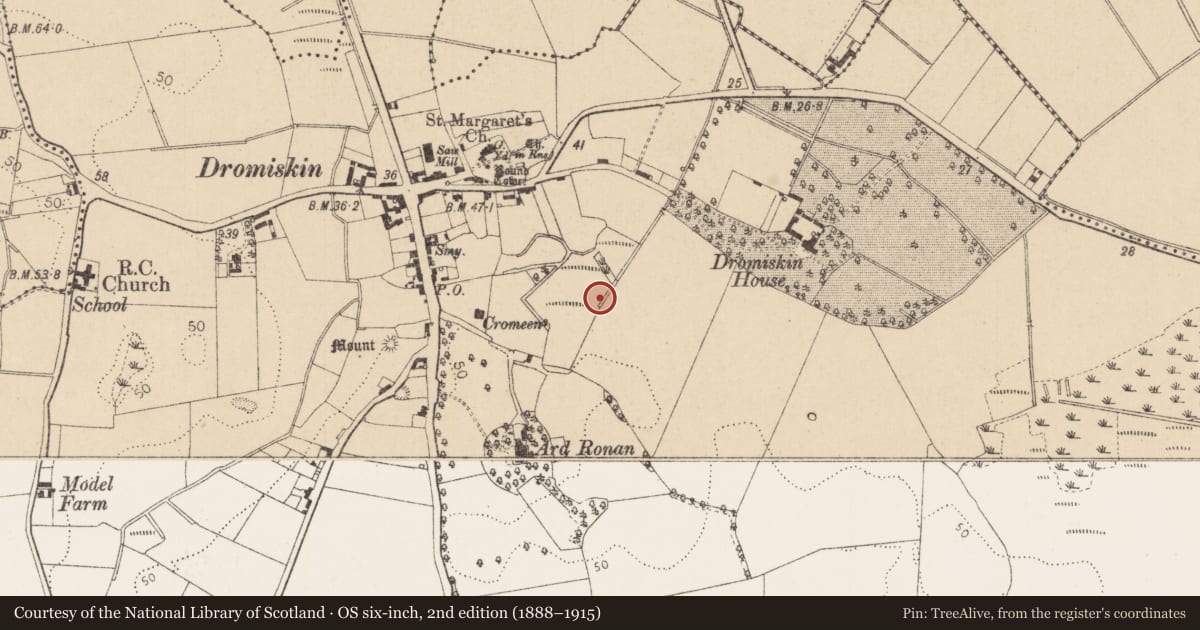 Ordnance Survey six-inch map, 2nd edition (1888–1915) covering the location of Fulacht fia, Dromiskin, County Louth, with a pin at the register's coordinates