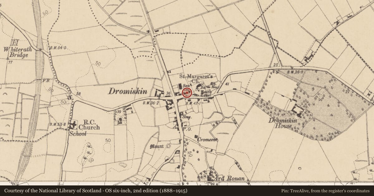 Ordnance Survey six-inch map, 2nd edition (1888–1915) covering the location of Fulacht fia, Dromiskin, County Louth, with a pin at the register's coordinates