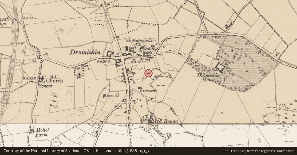 Ordnance Survey six-inch map, 2nd edition (1888–1915) covering the location of Platform - peatland, Dromiskin, County Louth, with a pin at the register's coordinates