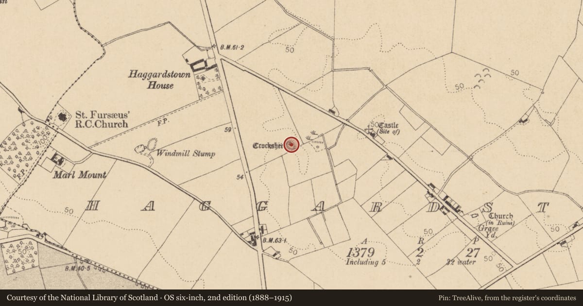 Ordnance Survey six-inch map, 2nd edition (1888–1915) covering the location of Castle - motte, Haggardstown, County Louth, with a pin at the register's coordinates