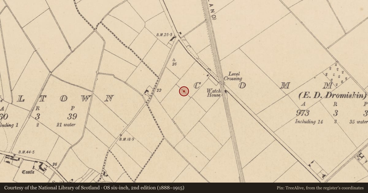 Ordnance Survey six-inch map, 2nd edition (1888–1915) covering the location of Field system, Commons (Dromiskin Par.), County Louth, with a pin at the register's coordinates