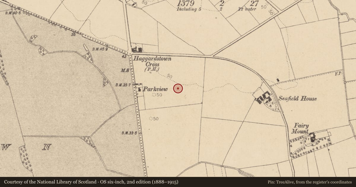 Ordnance Survey six-inch map, 2nd edition (1888–1915) covering the location of Fulacht fia, Haggardstown, County Louth, with a pin at the register's coordinates