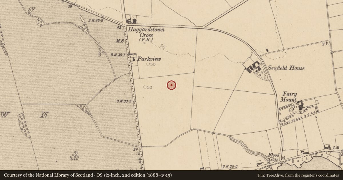 Ordnance Survey six-inch map, 2nd edition (1888–1915) covering the location of Fulacht fia, Haggardstown, County Louth, with a pin at the register's coordinates