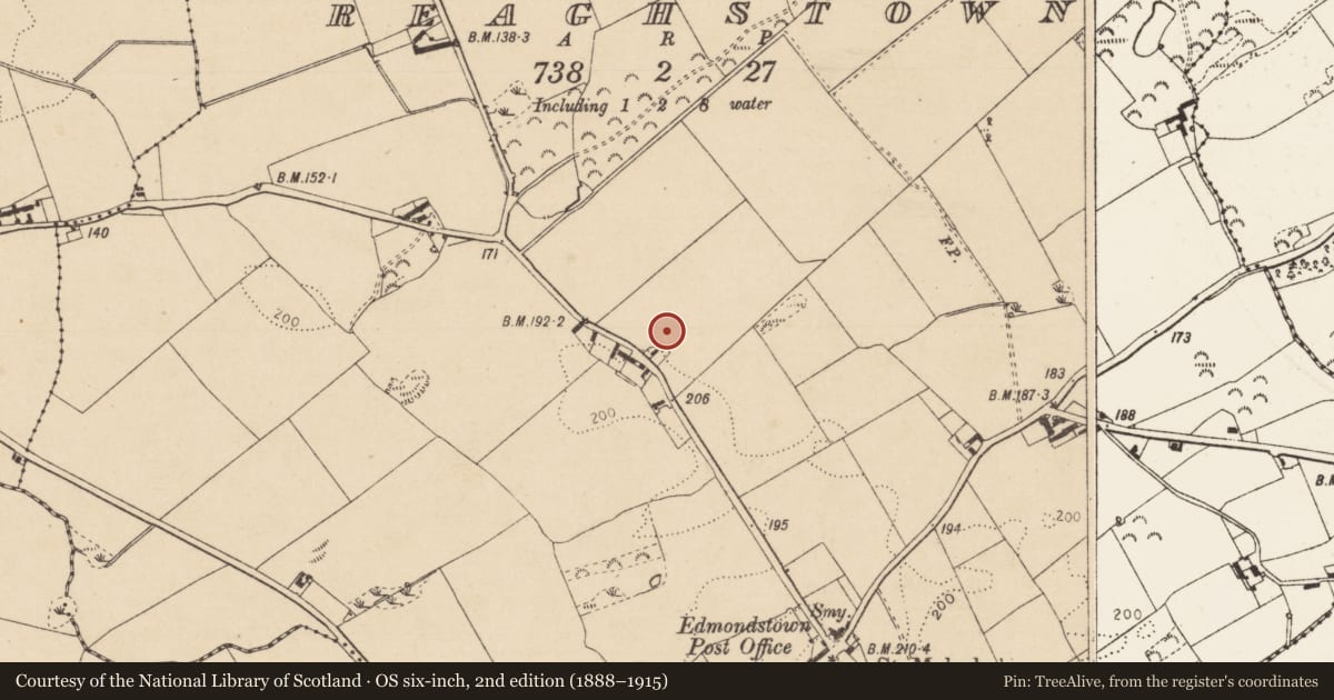 Ordnance Survey six-inch map, 2nd edition (1888–1915) covering the location of Castle - unclassified, Reaghstown, County Louth, with a pin at the register's coordinates