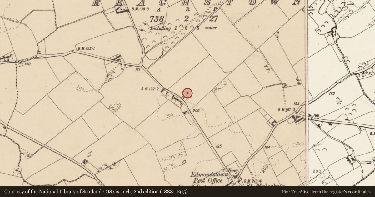 Ordnance Survey six-inch map, 2nd edition (1888–1915) covering the location of Ecclesiastical site, Reaghstown, County Louth, with a pin at the register's coordinates