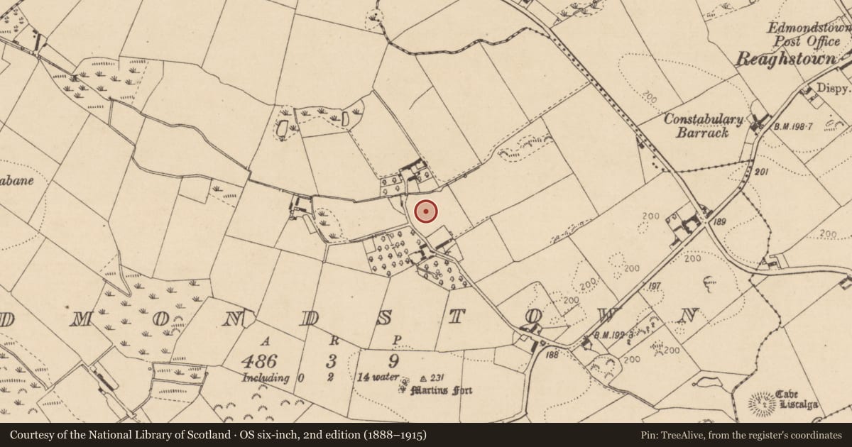 Ordnance Survey six-inch map, 2nd edition (1888–1915) covering the location of Ritual site - holy well, Edmondstown, County Louth, with a pin at the register's coordinates