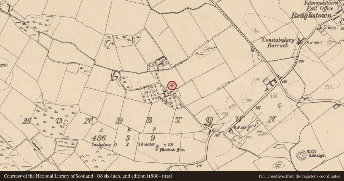 Ordnance Survey six-inch map, 2nd edition (1888–1915) covering the location of Souterrain, Edmondstown, County Louth, with a pin at the register's coordinates