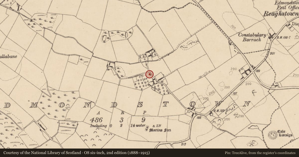 Ordnance Survey six-inch map, 2nd edition (1888–1915) covering the location of Castle - unclassified, Edmondstown, County Louth, with a pin at the register's coordinates