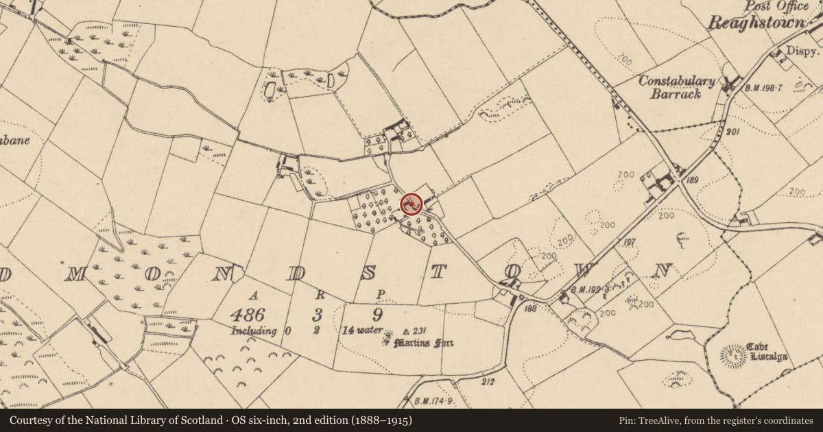 Ordnance Survey six-inch map, 2nd edition (1888–1915) covering the location of Architectural fragment, Edmondstown, County Louth, with a pin at the register's coordinates