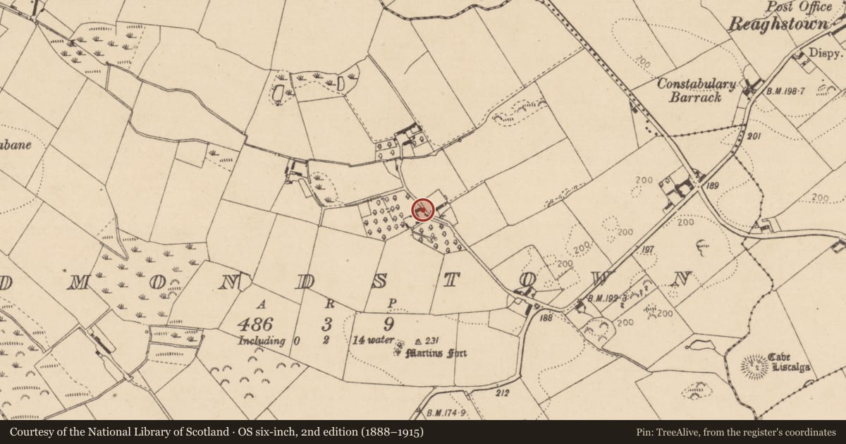 Ordnance Survey six-inch map, 2nd edition (1888–1915) covering the location of Armorial plaque, Edmondstown, County Louth, with a pin at the register's coordinates
