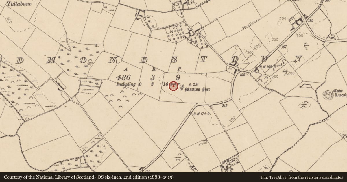 Ordnance Survey six-inch map, 2nd edition (1888–1915) covering the location of Burial ground, Edmondstown, County Louth, with a pin at the register's coordinates