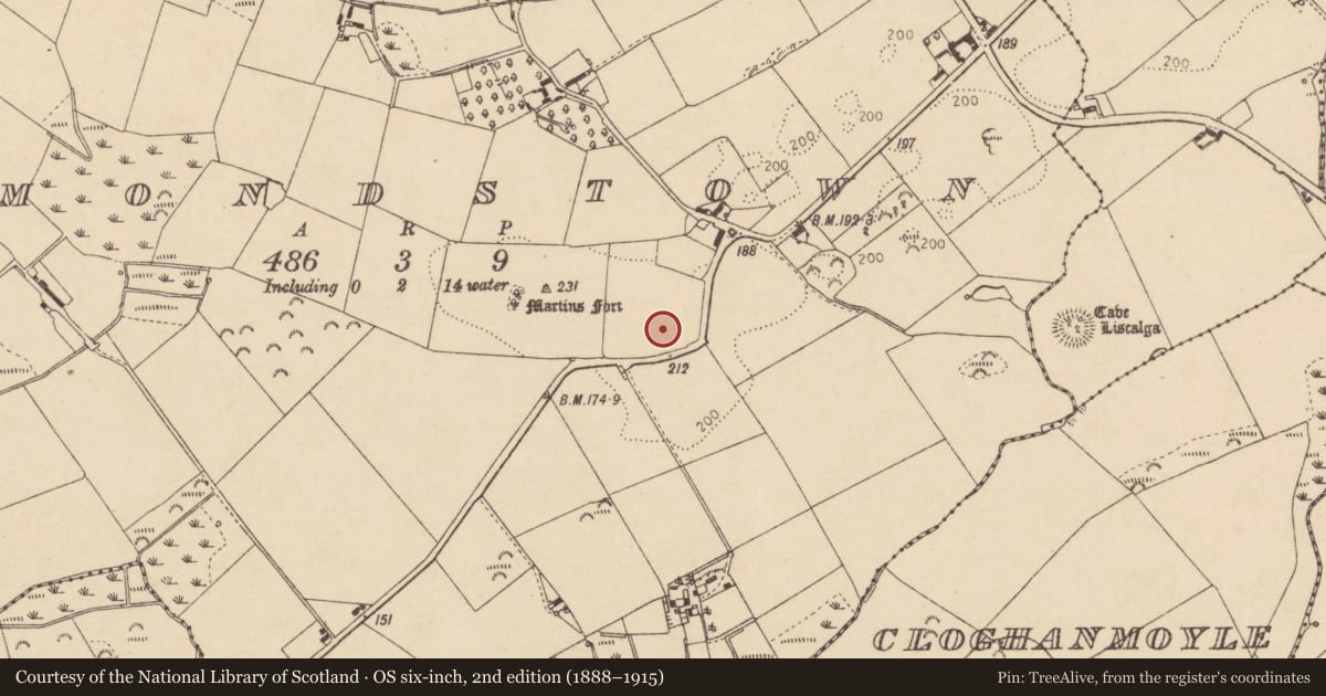 Ordnance Survey six-inch map, 2nd edition (1888–1915) covering the location of Burial ground, Edmondstown, County Louth, with a pin at the register's coordinates