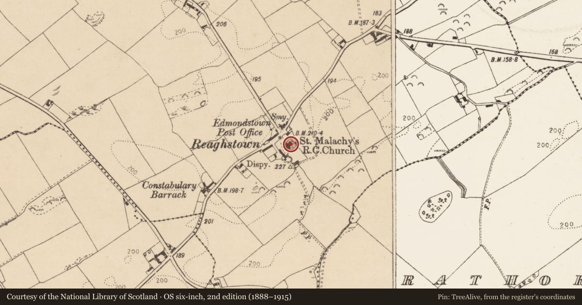 Ordnance Survey six-inch map, 2nd edition (1888–1915) covering the location of Architectural fragment, Reaghstown, County Louth, with a pin at the register's coordinates
