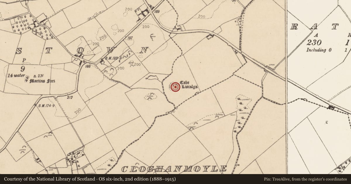 Ordnance Survey six-inch map, 2nd edition (1888–1915) covering the location of Souterrain, Reaghstown, County Louth, with a pin at the register's coordinates
