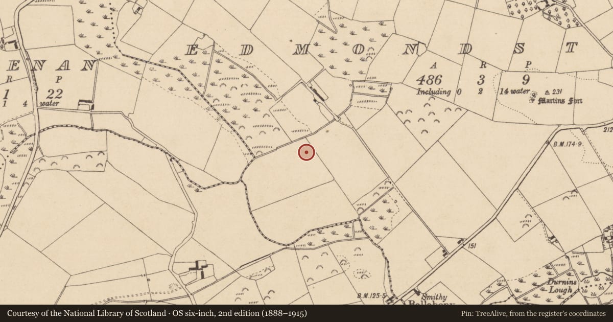 Ordnance Survey six-inch map, 2nd edition (1888–1915) covering the location of Enclosure, Edmondstown, County Louth, with a pin at the register's coordinates