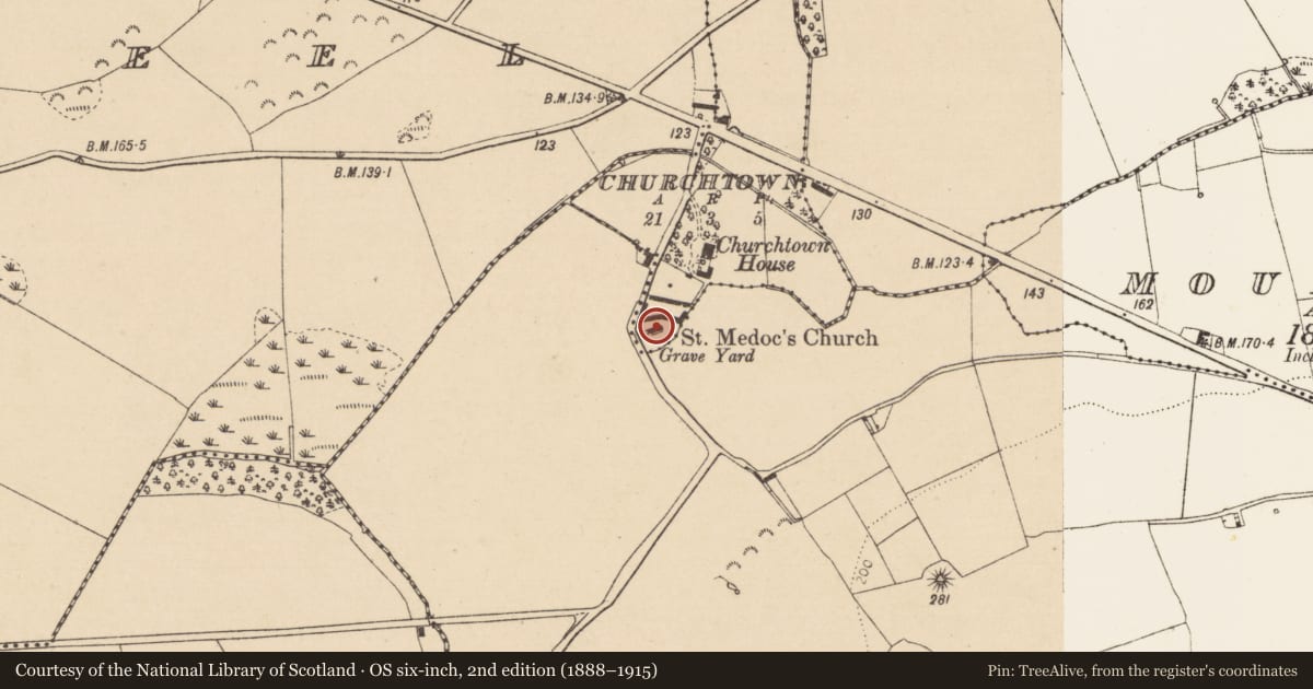 Ordnance Survey six-inch map, 2nd edition (1888–1915) covering the location of Church, Churchtown, County Louth, with a pin at the register's coordinates