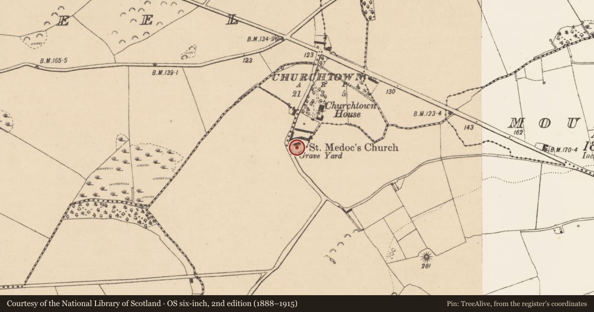 Ordnance Survey six-inch map, 2nd edition (1888–1915) covering the location of Graveyard, Churchtown, County Louth, with a pin at the register's coordinates