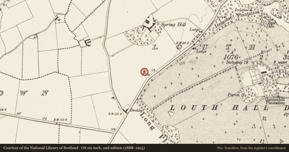 Ordnance Survey six-inch map, 2nd edition (1888–1915) covering the location of Souterrain, Louth Hall, County Louth, with a pin at the register's coordinates