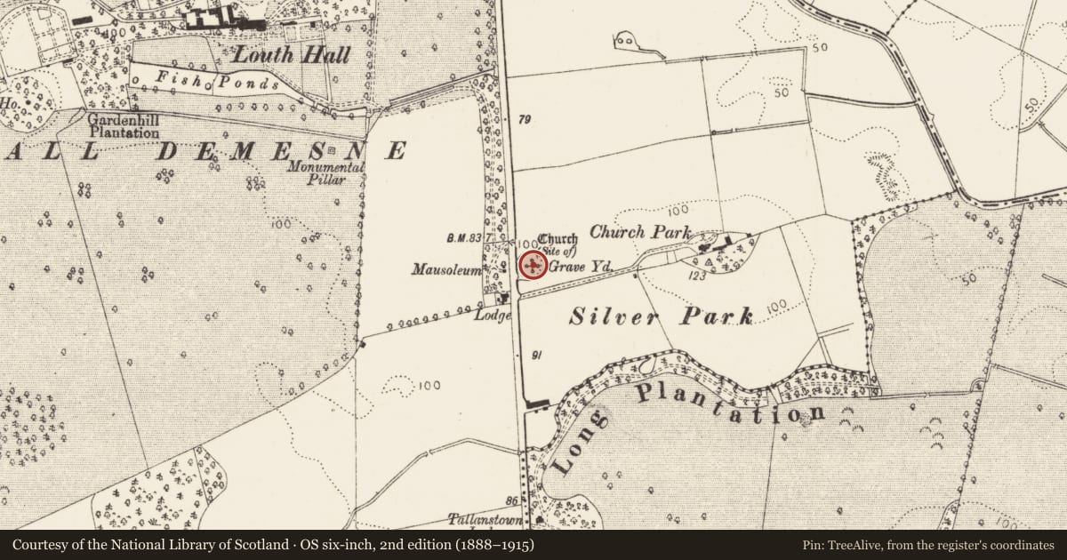 Ordnance Survey six-inch map, 2nd edition (1888–1915) covering the location of Church, Louth Hall, County Louth, with a pin at the register's coordinates