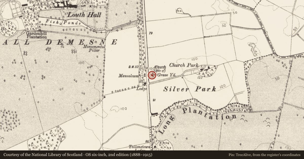 Ordnance Survey six-inch map, 2nd edition (1888–1915) covering the location of Graveyard, Louth Hall, County Louth, with a pin at the register's coordinates