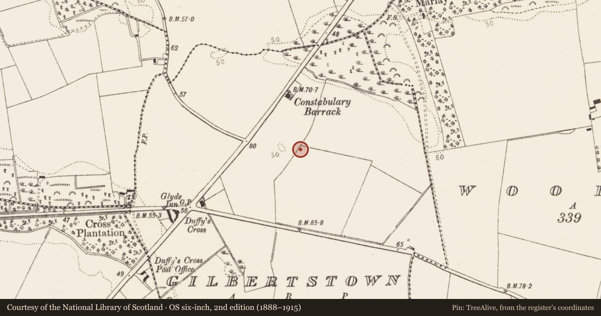 Ordnance Survey six-inch map, 2nd edition (1888–1915) covering the location of Enclosure, Gilbertstown (Louth by, County Louth, with a pin at the register's coordinates