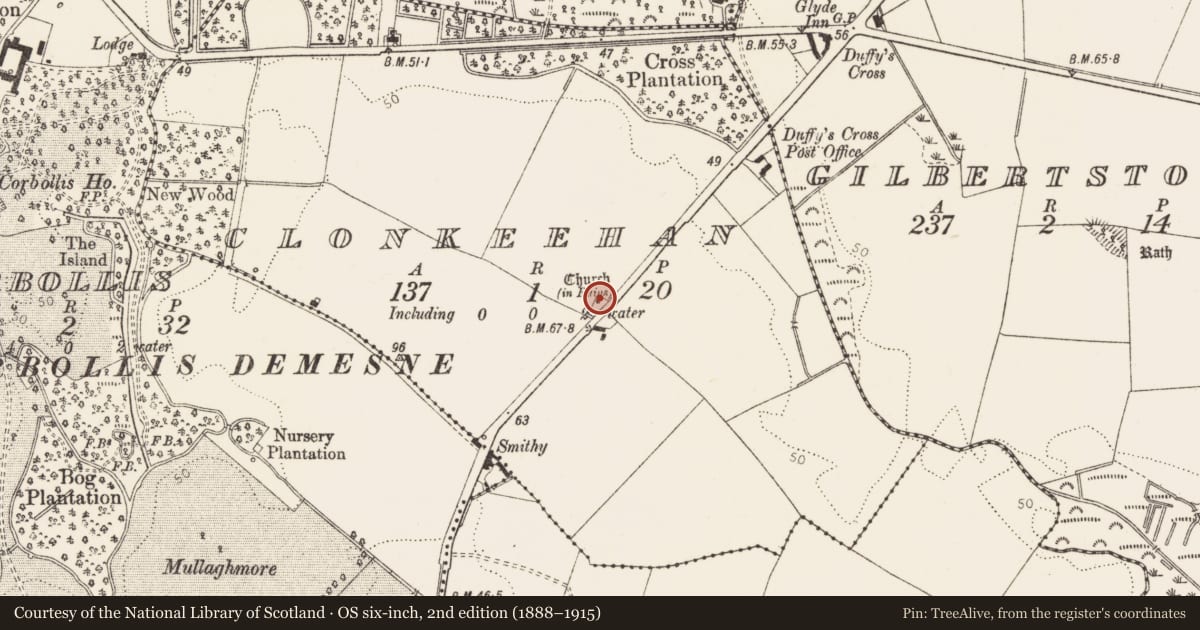 Ordnance Survey six-inch map, 2nd edition (1888–1915) covering the location of Church, Clonkeehan, County Louth, with a pin at the register's coordinates