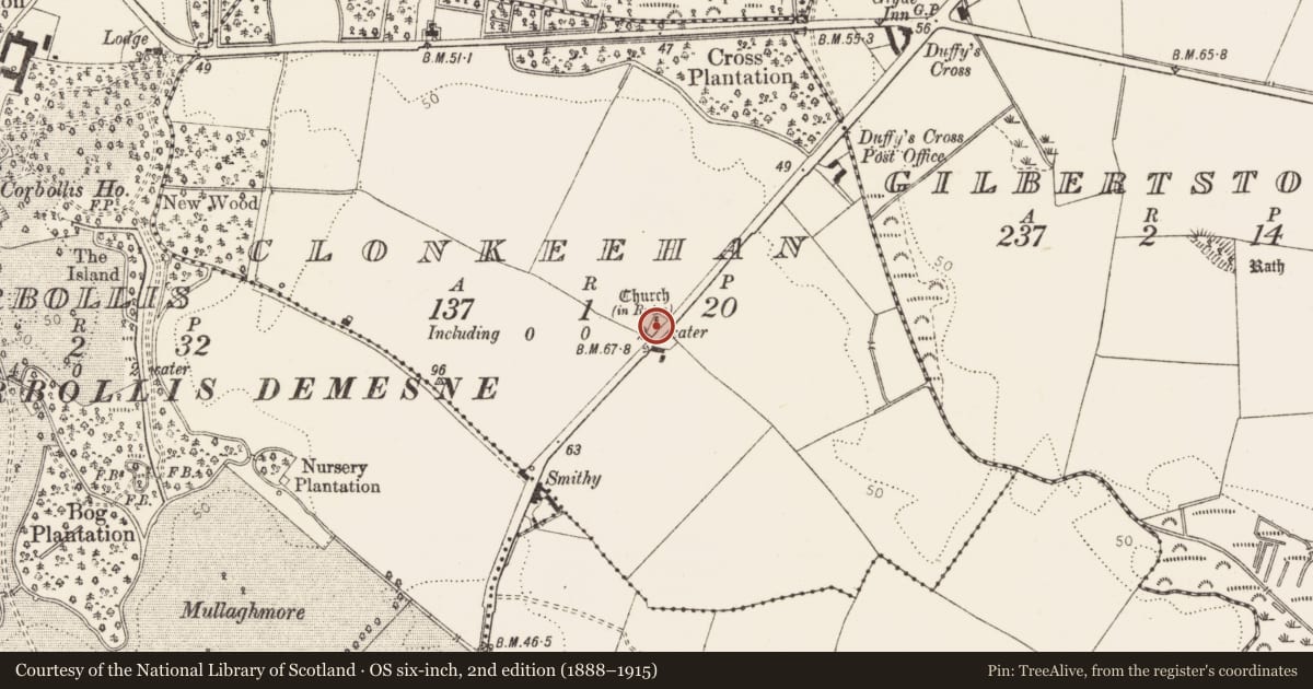 Ordnance Survey six-inch map, 2nd edition (1888–1915) covering the location of Graveyard, Clonkeehan, County Louth, with a pin at the register's coordinates