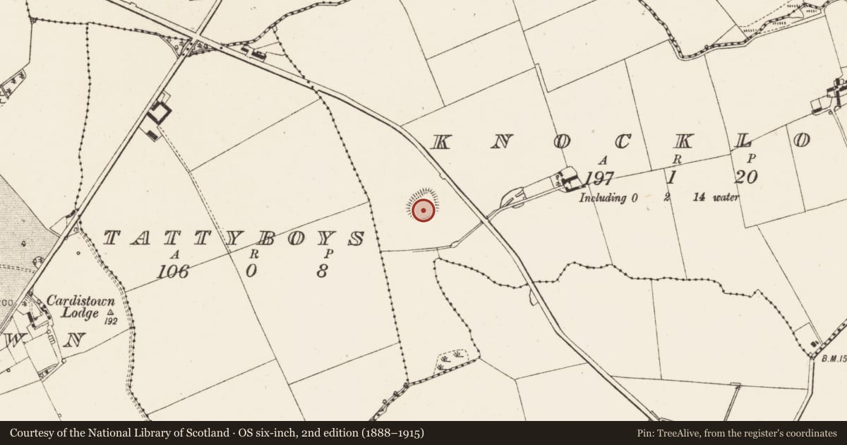Ordnance Survey six-inch map, 2nd edition (1888–1915) covering the location of Burial mound, Knocklore, County Louth, with a pin at the register's coordinates
