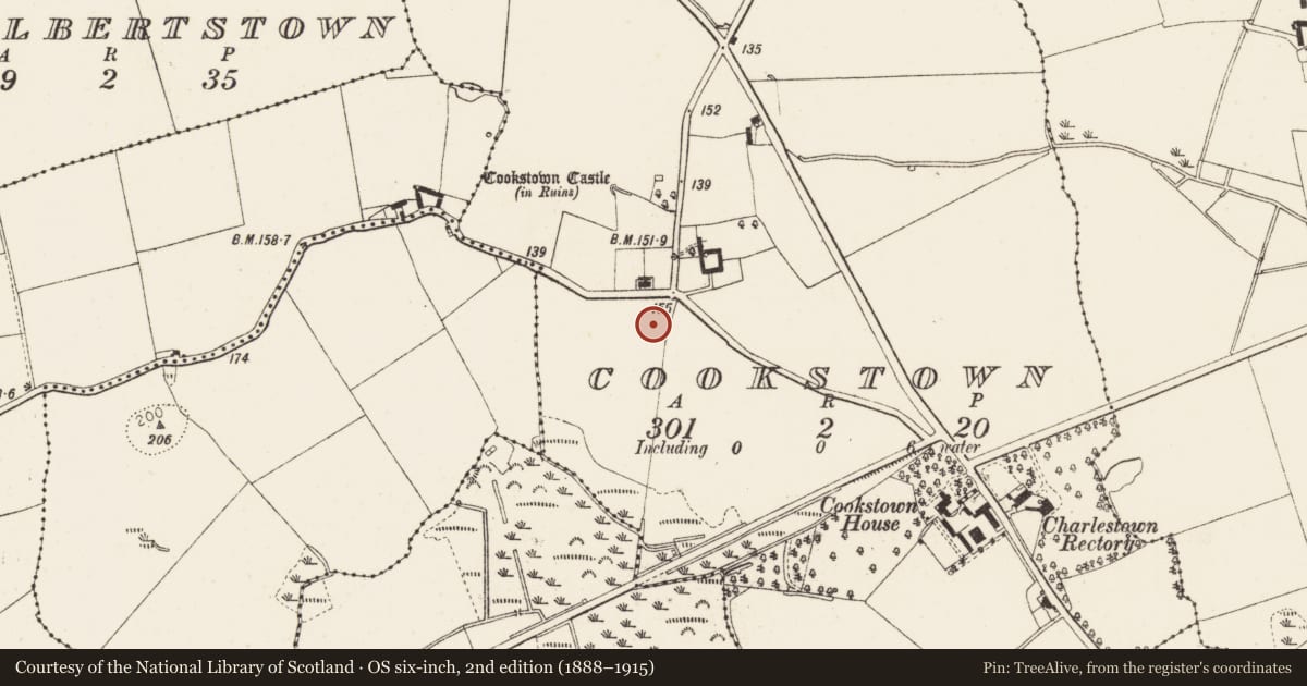 Ordnance Survey six-inch map, 2nd edition (1888–1915) covering the location of Enclosure, Cookstown, County Louth, with a pin at the register's coordinates