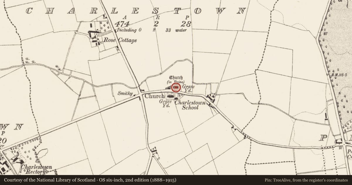 Ordnance Survey six-inch map, 2nd edition (1888–1915) covering the location of Church, Charlestown, County Louth, with a pin at the register's coordinates