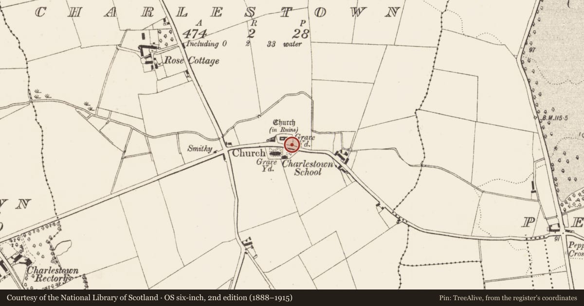 Ordnance Survey six-inch map, 2nd edition (1888–1915) covering the location of Ritual site - holy well, Charlestown, County Louth, with a pin at the register's coordinates