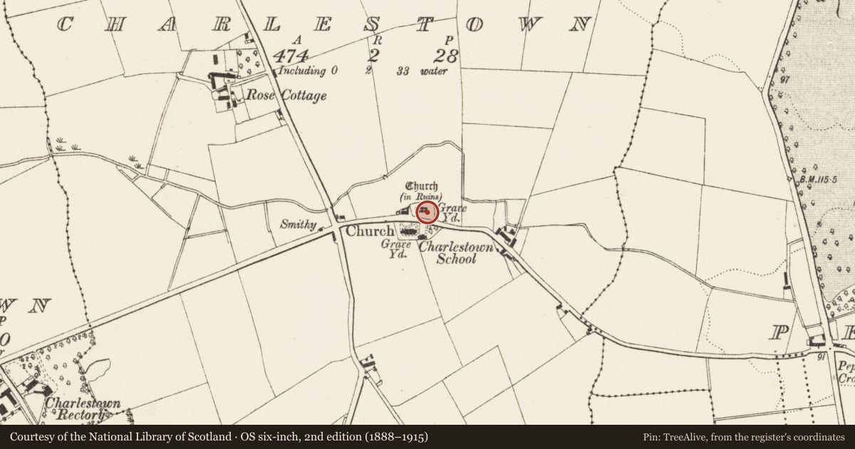 Ordnance Survey six-inch map, 2nd edition (1888–1915) covering the location of Graveyard, Charlestown, County Louth, with a pin at the register's coordinates