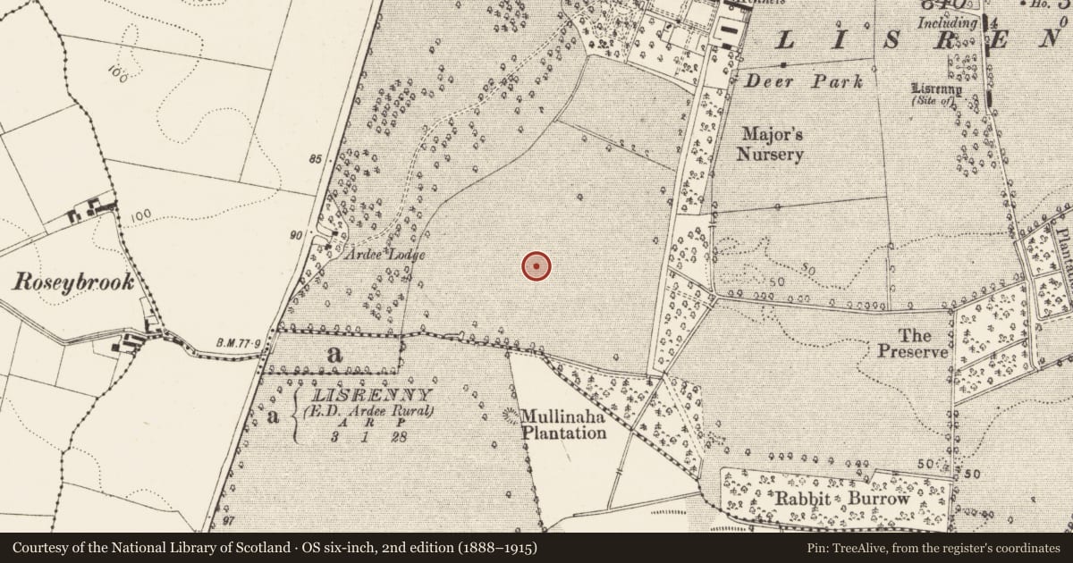 Ordnance Survey six-inch map, 2nd edition (1888–1915) covering the location of Souterrain, Lisrenny (Ardee by, County Louth, with a pin at the register's coordinates