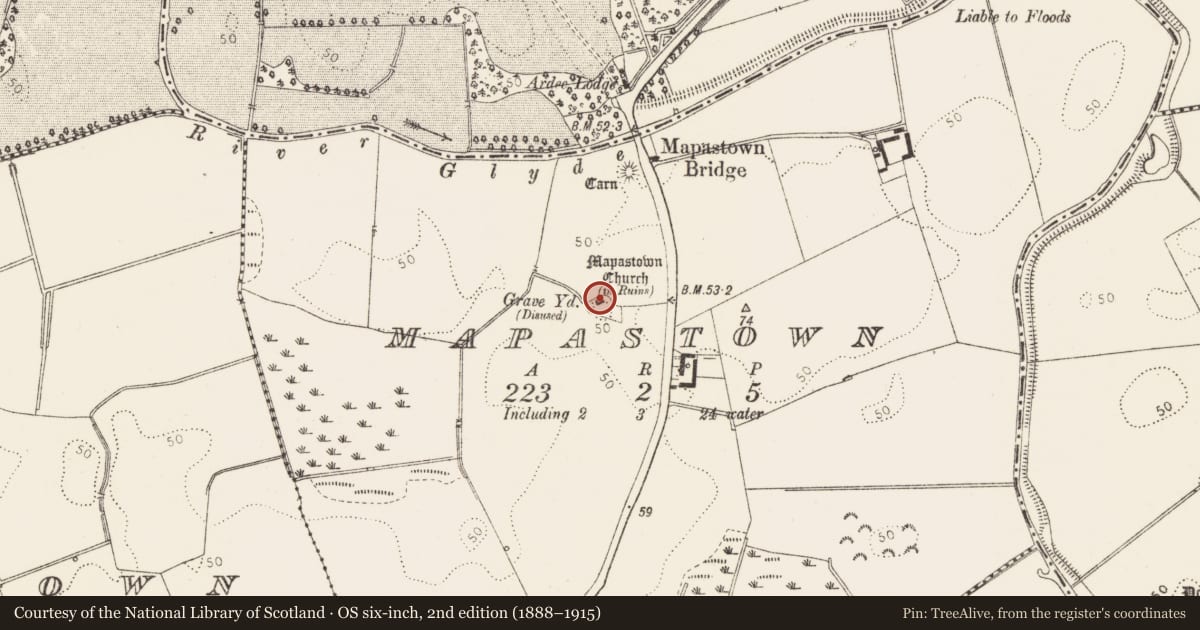 Ordnance Survey six-inch map, 2nd edition (1888–1915) covering the location of Church, Mapastown, County Louth, with a pin at the register's coordinates