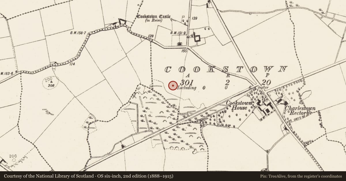 Ordnance Survey six-inch map, 2nd edition (1888–1915) covering the location of Enclosure, Cookstown, County Louth, with a pin at the register's coordinates