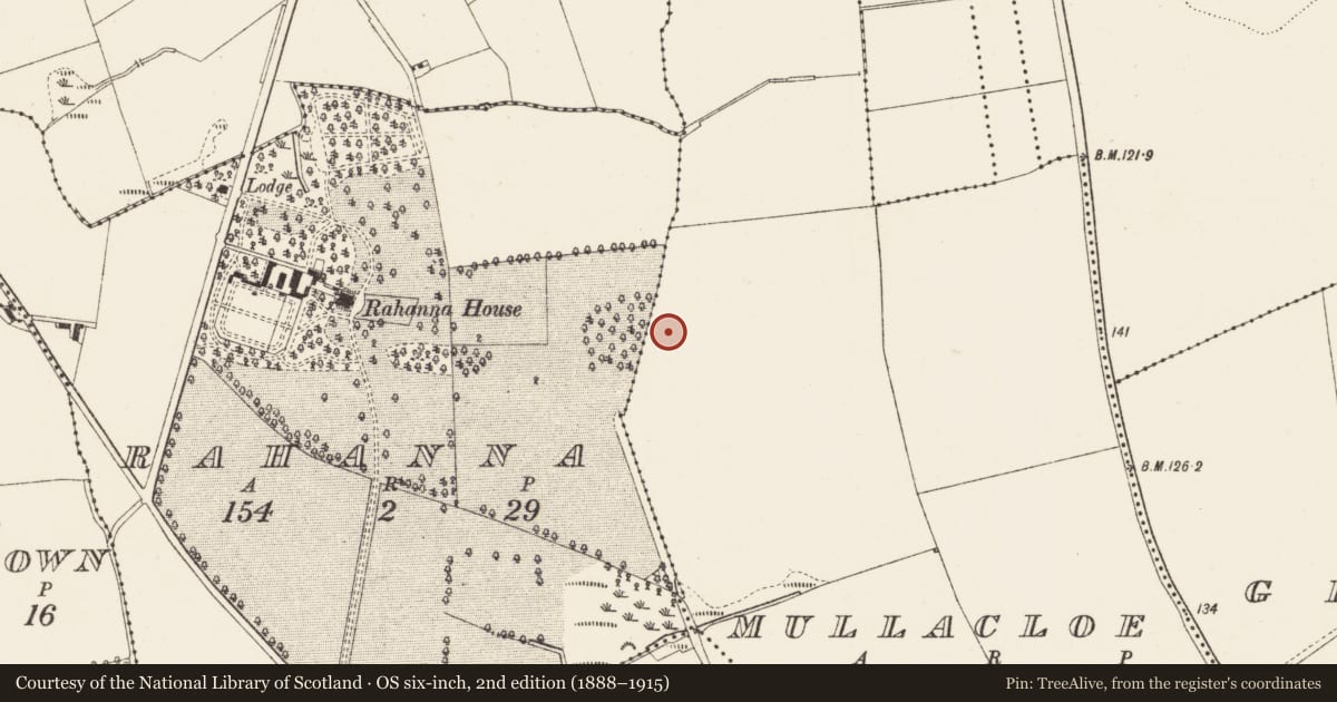 Ordnance Survey six-inch map, 2nd edition (1888–1915) covering the location of Enclosure, Mullacloe, Rahanna, County Louth, with a pin at the register's coordinates