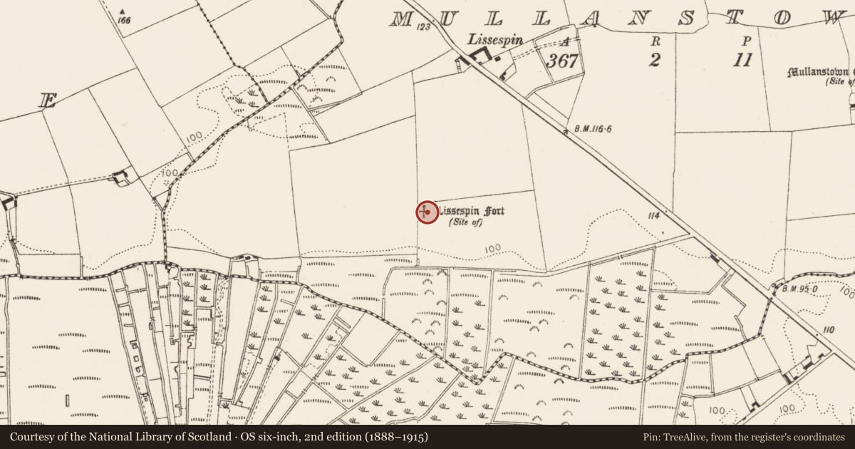 Ordnance Survey six-inch map, 2nd edition (1888–1915) covering the location of Earthwork, Mullanstown, County Louth, with a pin at the register's coordinates