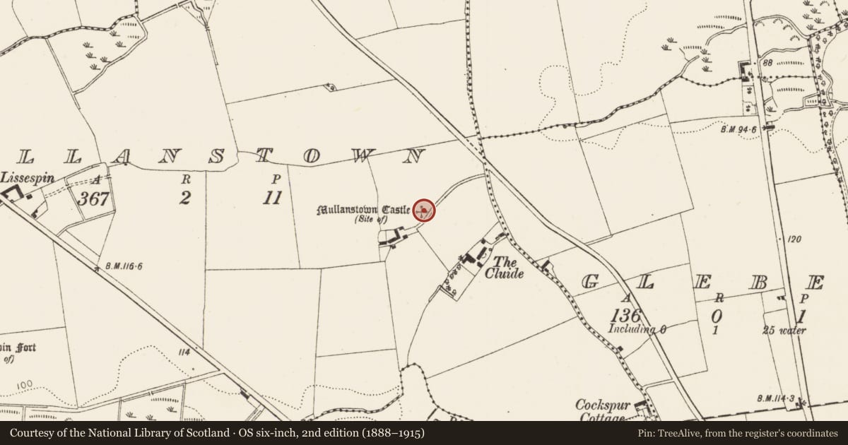 Ordnance Survey six-inch map, 2nd edition (1888–1915) covering the location of Castle - unclassified, Mullanstown, County Louth, with a pin at the register's coordinates