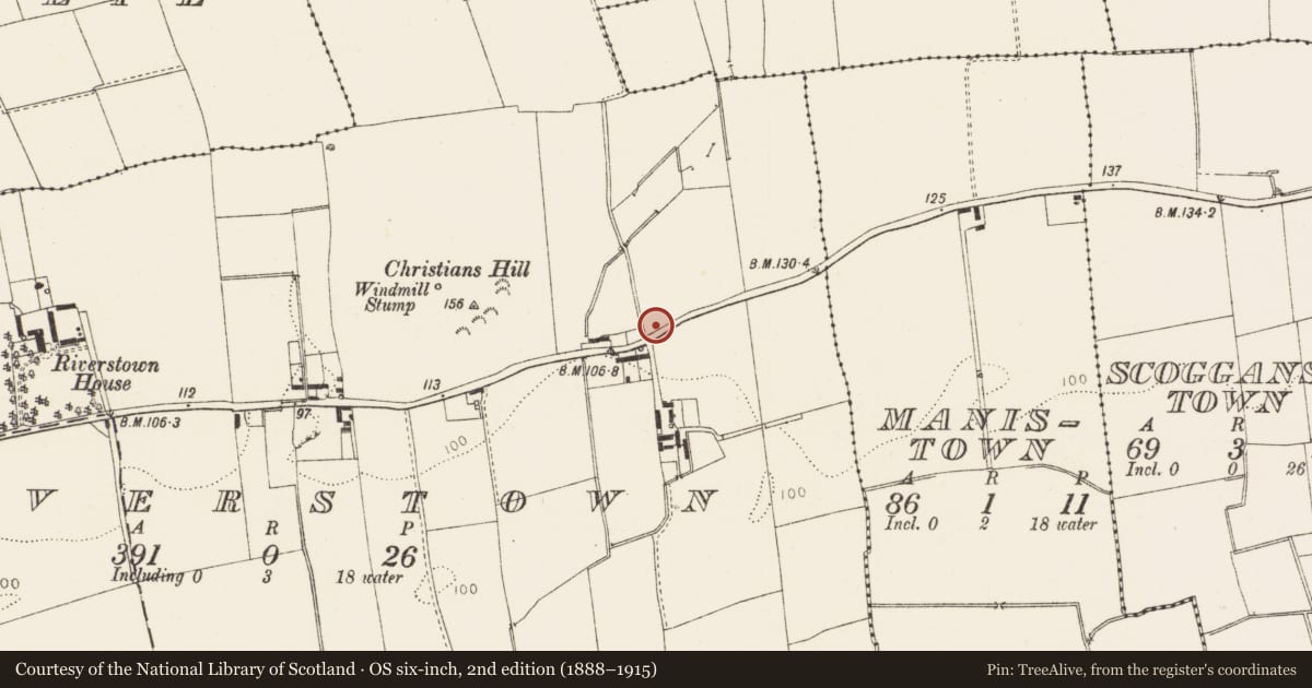 Ordnance Survey six-inch map, 2nd edition (1888–1915) covering the location of Church, Riverstown, County Louth, with a pin at the register's coordinates