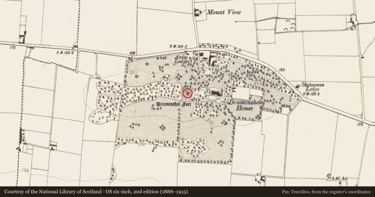 Ordnance Survey six-inch map, 2nd edition (1888–1915) covering the location of Castle - motte, Drumcashel, County Louth, with a pin at the register's coordinates