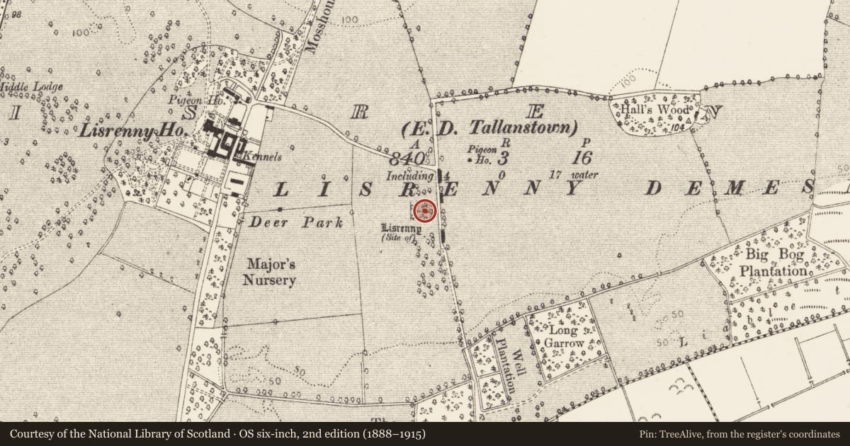 Ordnance Survey six-inch map, 2nd edition (1888–1915) covering the location of Enclosure, Lisrenny (Ardee by, County Louth, with a pin at the register's coordinates