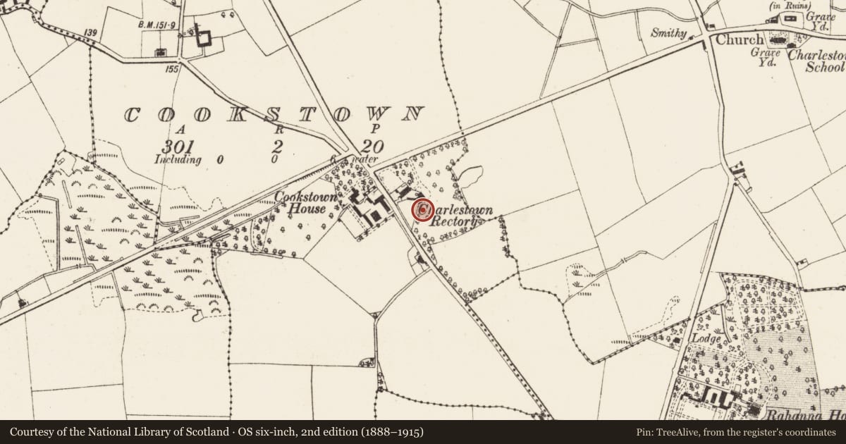 Ordnance Survey six-inch map, 2nd edition (1888–1915) covering the location of Font, Cookstown, County Louth, with a pin at the register's coordinates
