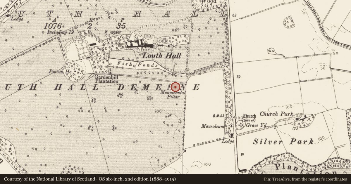 Ordnance Survey six-inch map, 2nd edition (1888–1915) covering the location of Cross - Wayside cross, Louth Hall, County Louth, with a pin at the register's coordinates